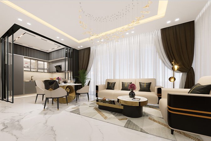Bright master bedroom with built-in wardrobes in a 1 BHK apartment