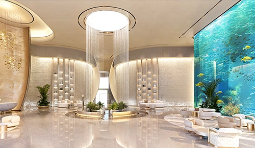 Furnished living space with balcony access in a Dubai Marina apartment
